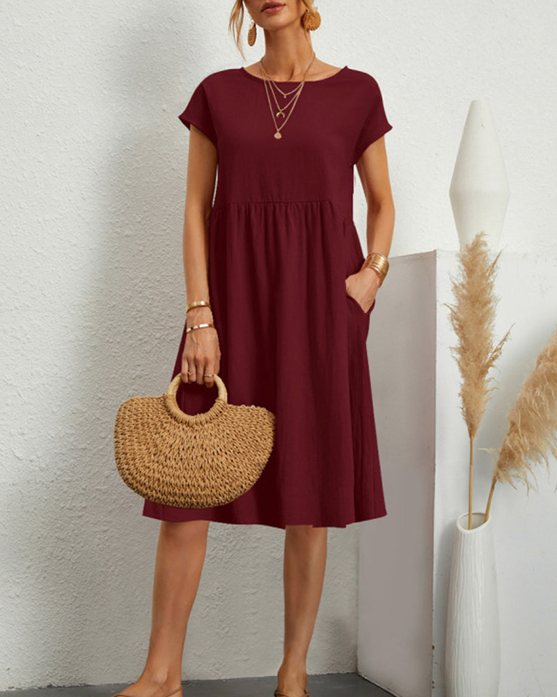 Raphaëlle | Robe Midi Femme Confortable Col Rond Poches Latérales Couleur Unie