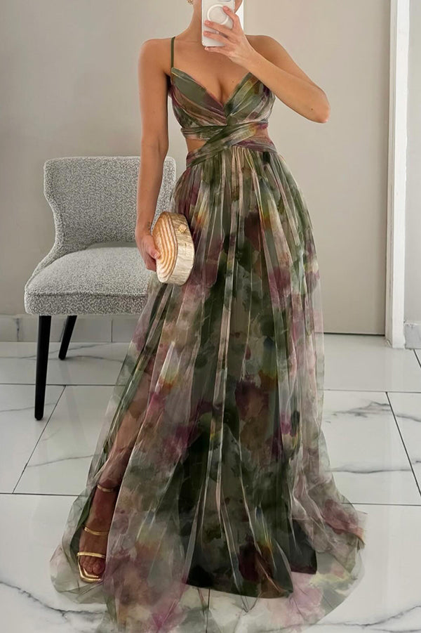 Malou | Robe Maxi Formelle Décolleté V Profond avec Liens au Dos, Taille Ouverte, Dégradé Multicolore Tulle A-ligne
