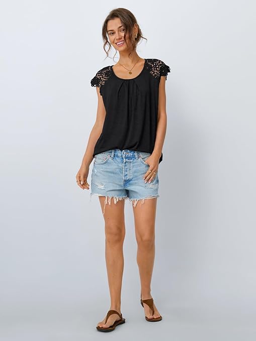 Hevallée | Blouse Femme Élégante à Manches en Dentelle et Col Rond