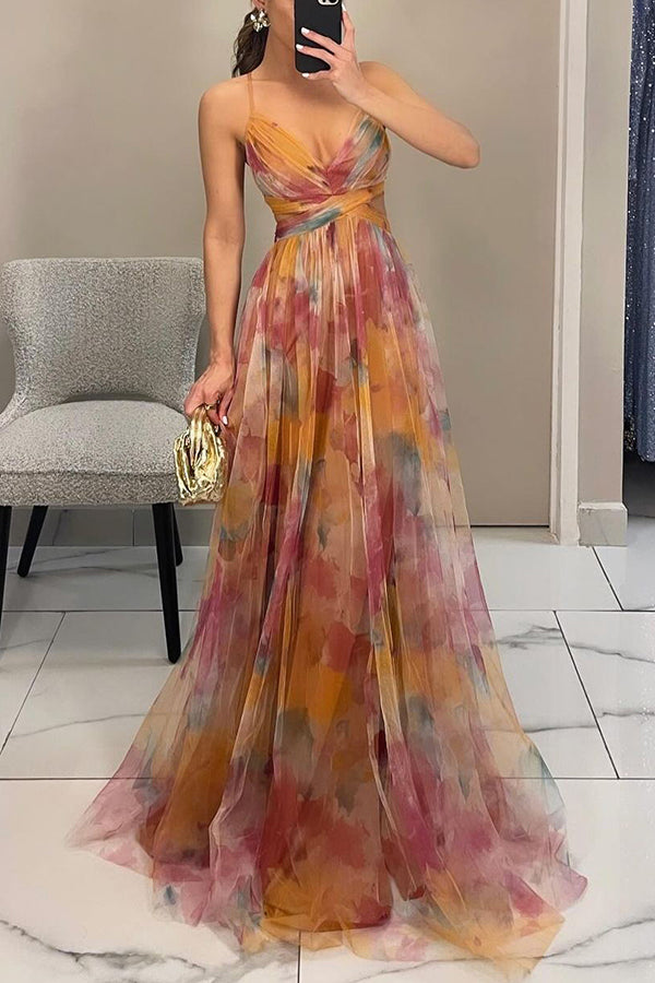 Malou | Robe Maxi Formelle Décolleté V Profond avec Liens au Dos, Taille Ouverte, Dégradé Multicolore Tulle A-ligne