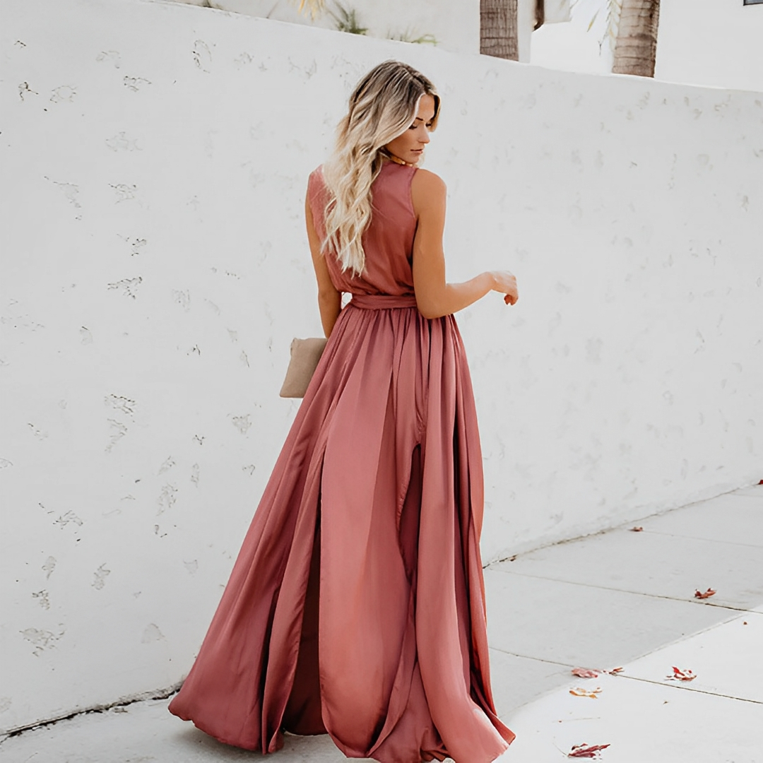 Nymphe | Robe Longue Fendue Femme Élégante – Sans Manches, Col V et Ceinture à Nouer