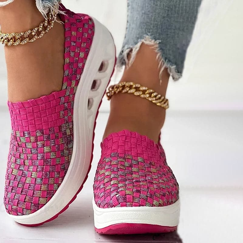 Thaïs | Baskets Orthopédiques Femme à Enfilage Facile avec Semelle Plateforme Inclinée et Tissu Tressé Multicolore
