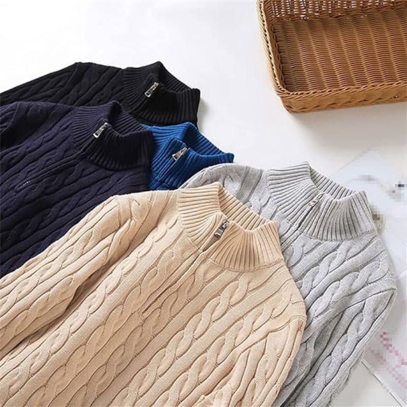 Xander | Pull Homme Col Zippé en Maille Torsadée | Pull-over Chaud et Élégant à Motif Câble