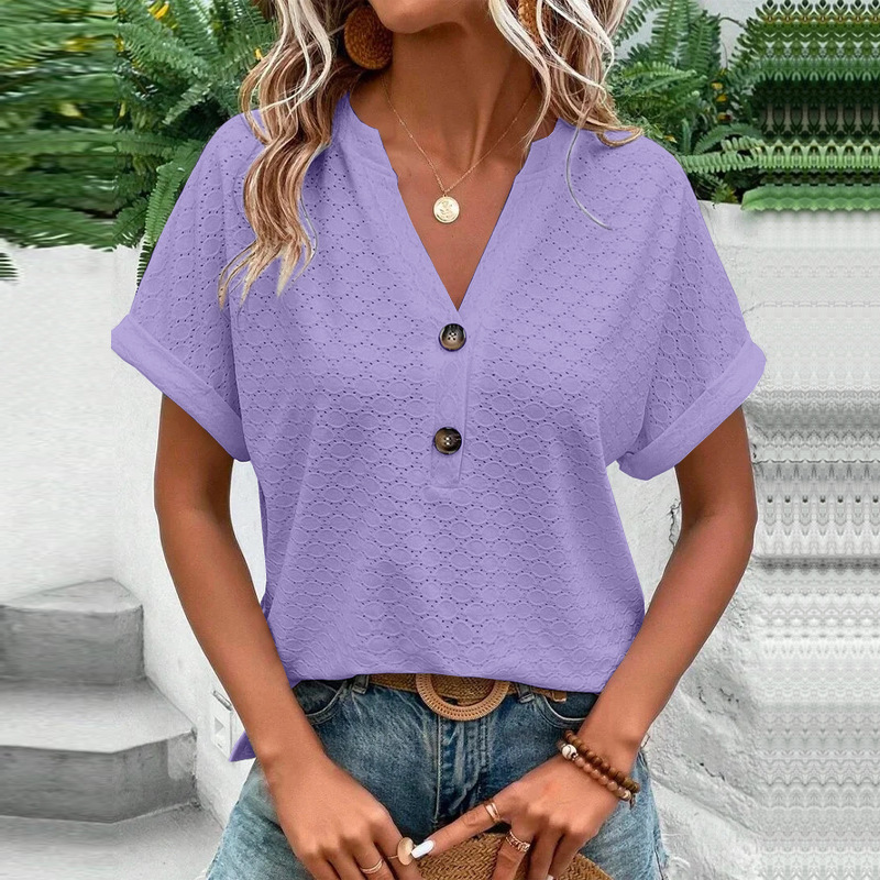 Ondine | Blouse Femme Été Décontractée – Manches Courtes, Col V, Tissu Texturé