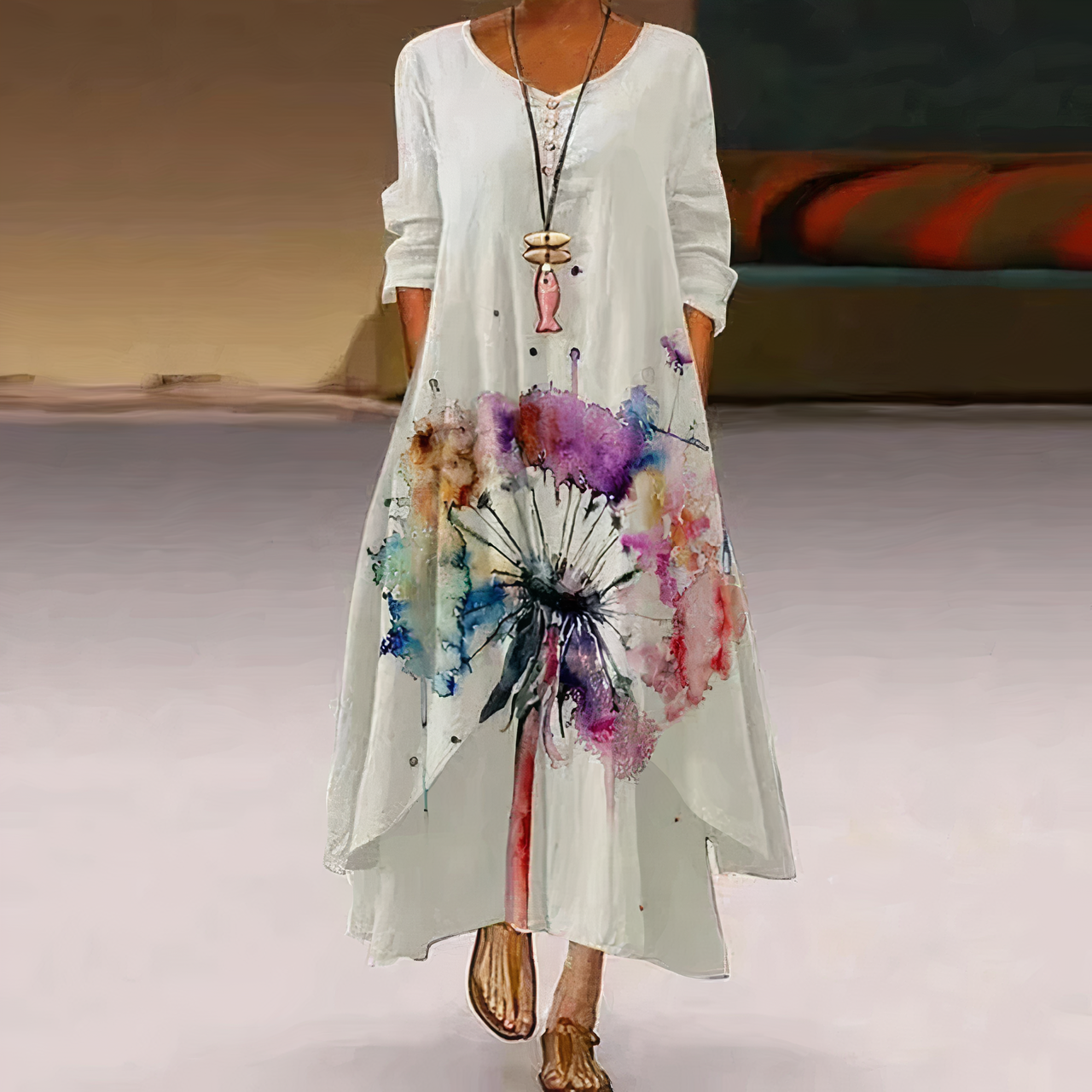 Saphirine | Robe Longue en Coton à Manches Longues – Imprimé Floral Élégant – Style Estival et Respirant