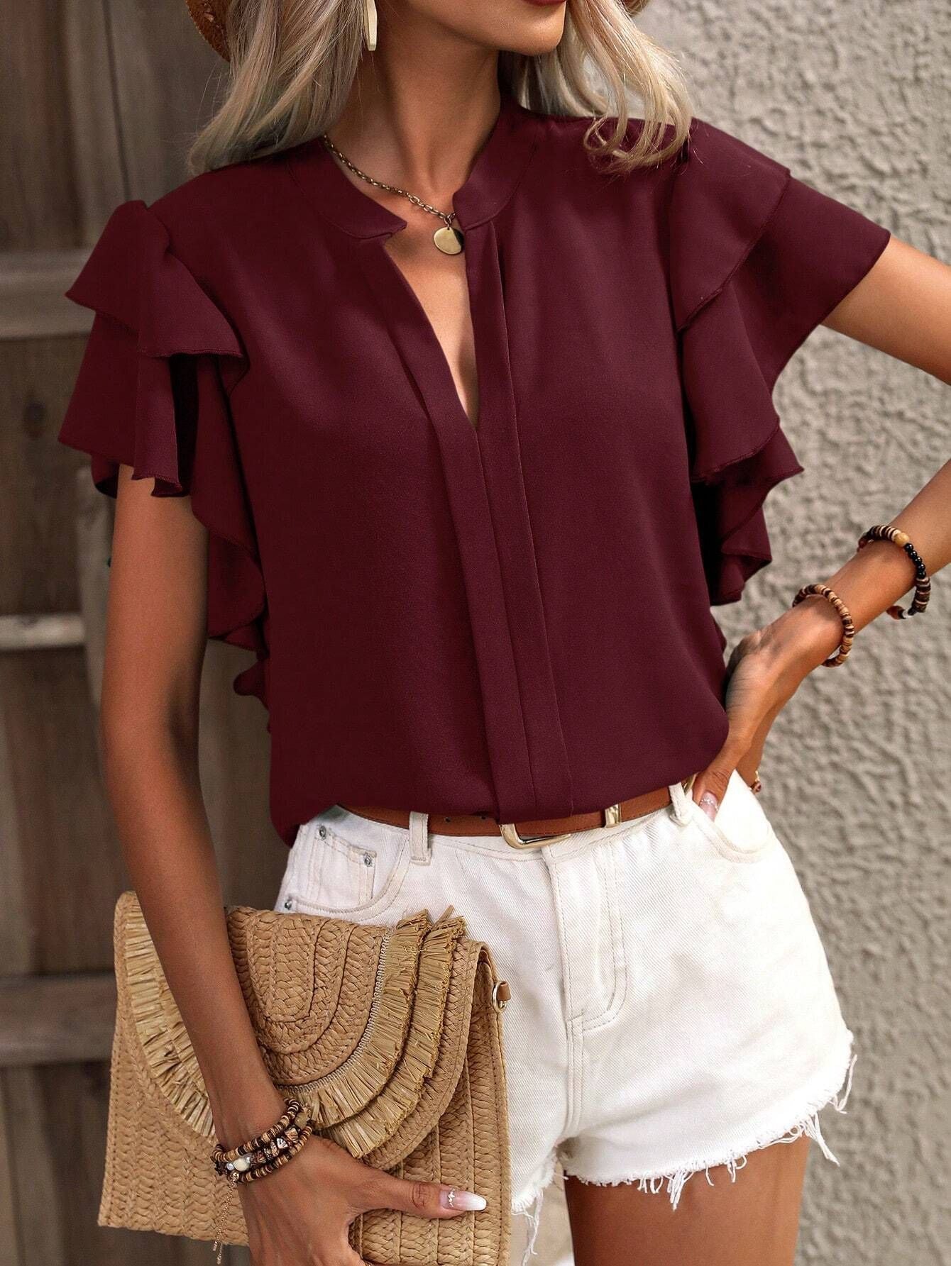 Miralys | Blouse Femme Élégante à Volants et Manches Courtes avec Col V Chic