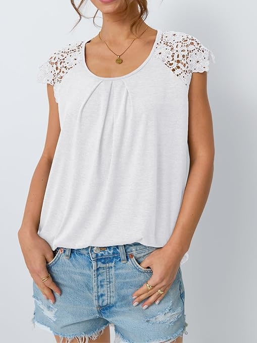 Hevallée | Blouse Femme Élégante à Manches en Dentelle et Col Rond
