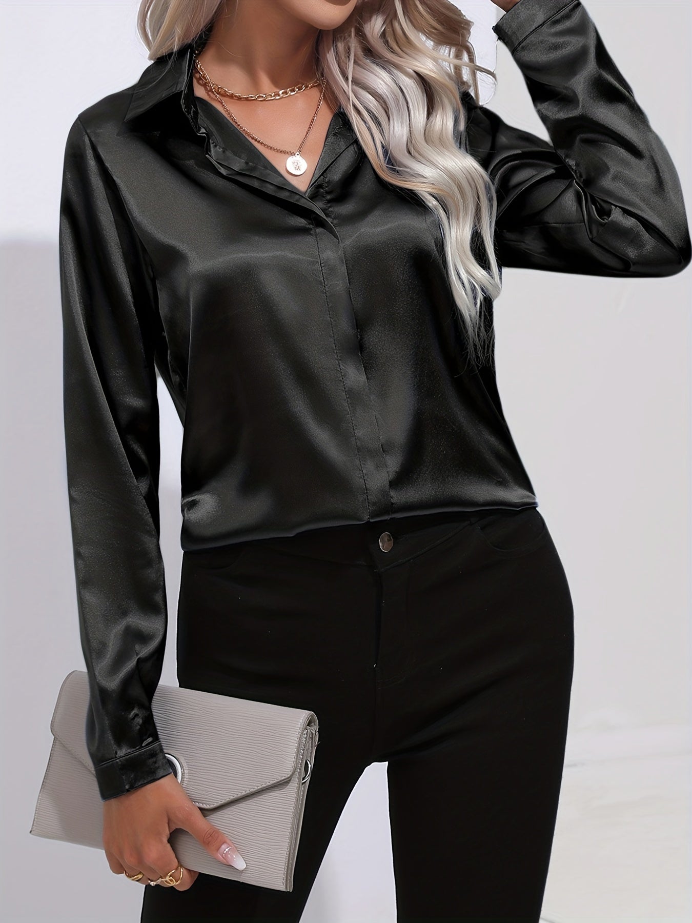 Ardeline | Blouse Satinée Femme Unie Col Revers Boutonnée Manches Longues