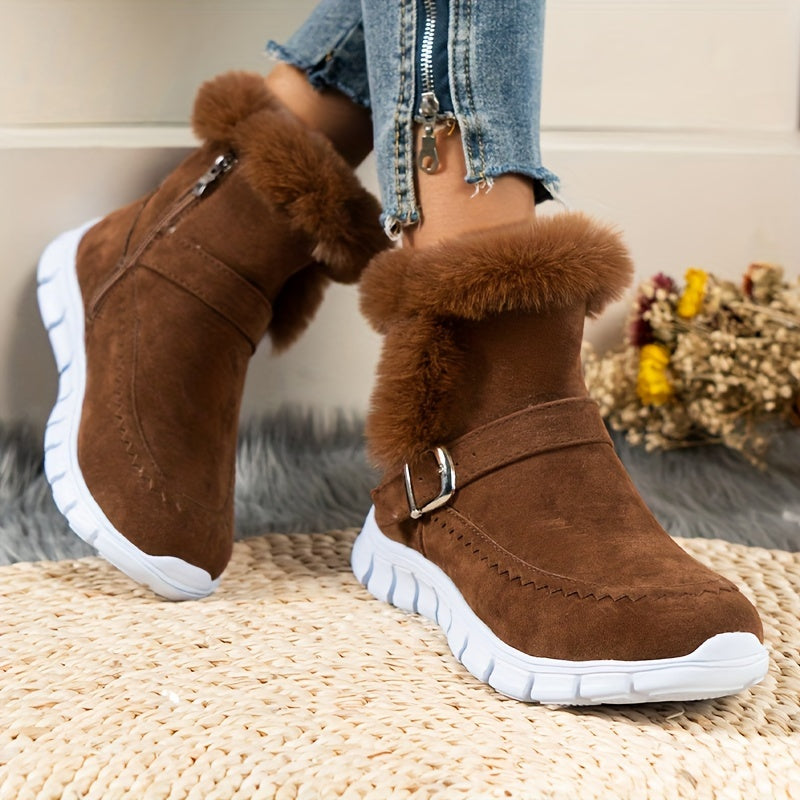 Atalée | Bottes Hiver Femme avec Fermeture Éclair Latérale, Détail Bride, Doublure Chaude & Fourrure Synthétique