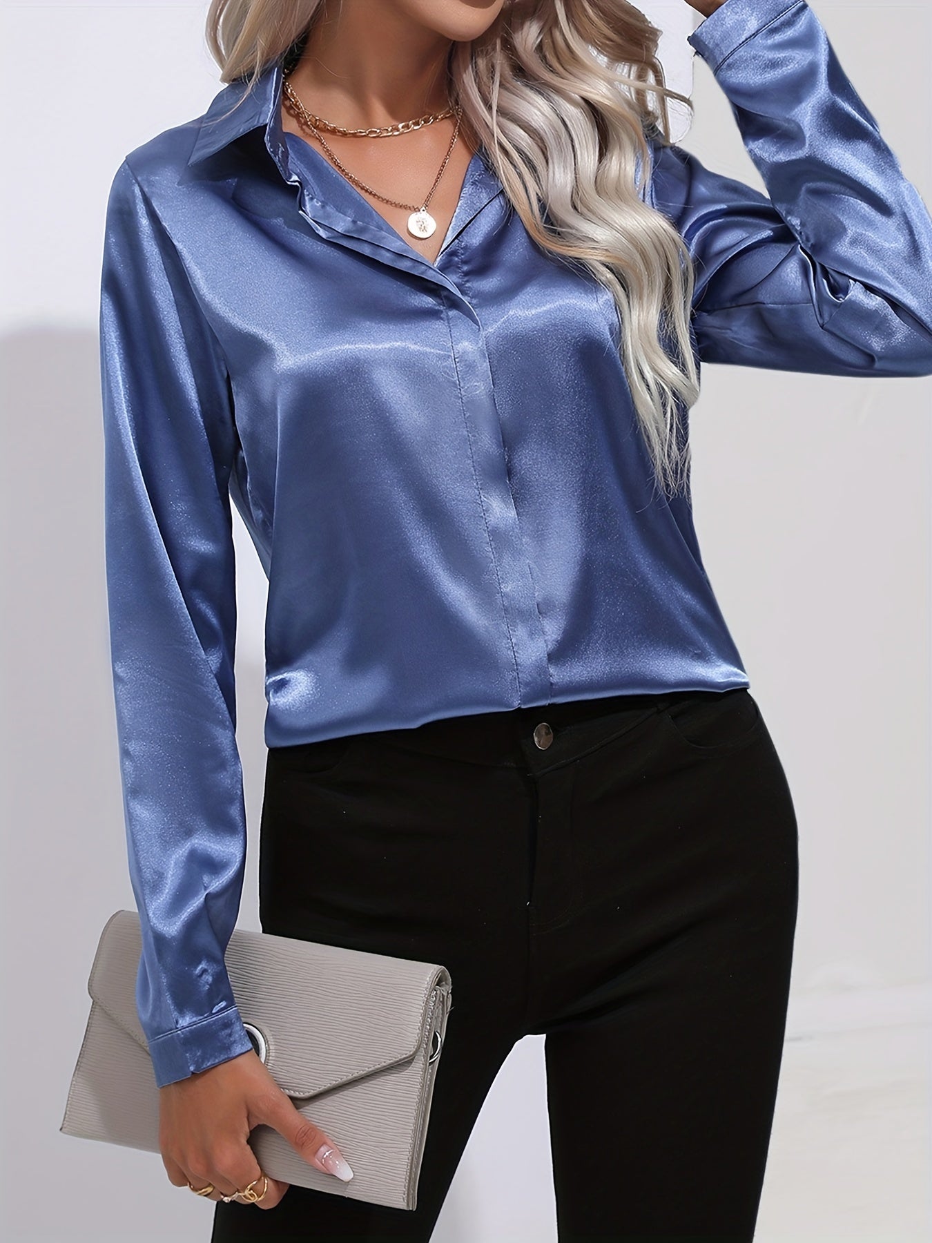 Ardeline | Blouse Satinée Femme Unie Col Revers Boutonnée Manches Longues