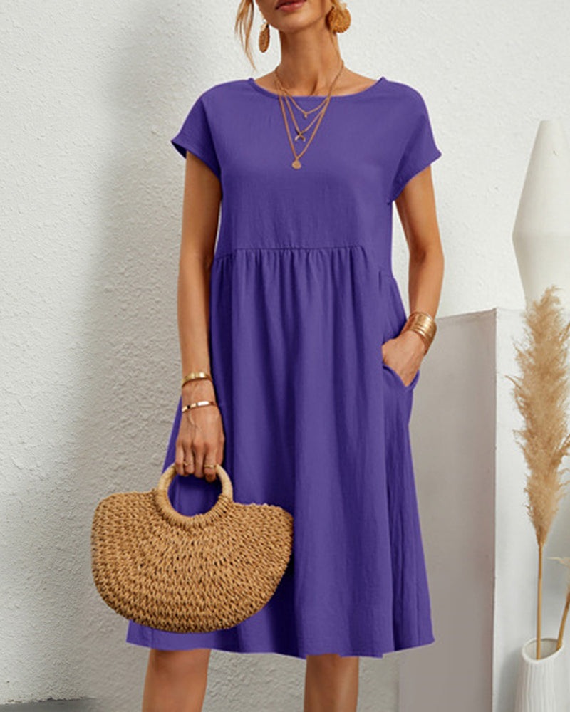 Raphaëlle | Robe Midi Femme Confortable Col Rond Poches Latérales Couleur Unie