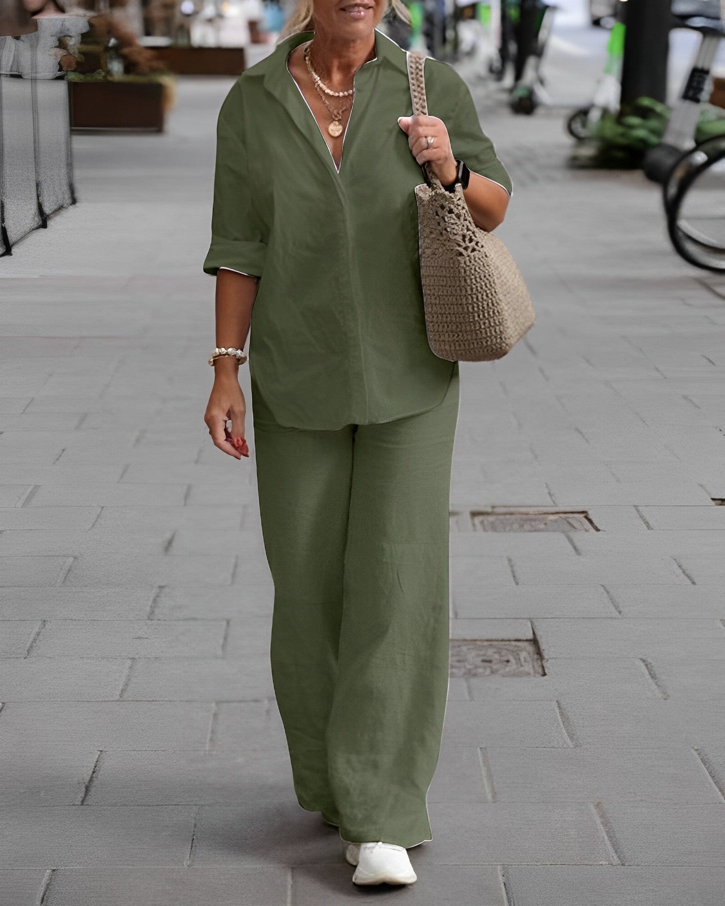 Alisette | Ensemble Femme Lin Été Blouse Manches Longues + Pantalon Taille Élastique
