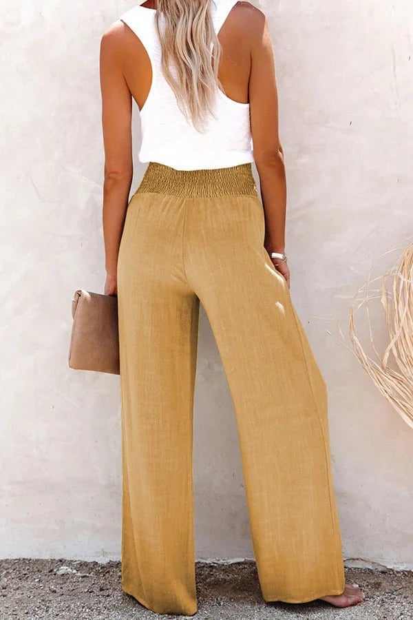 Marnie | Pantalon Femme Lin Été Taille Haute Élastique Coupe Large Élégante