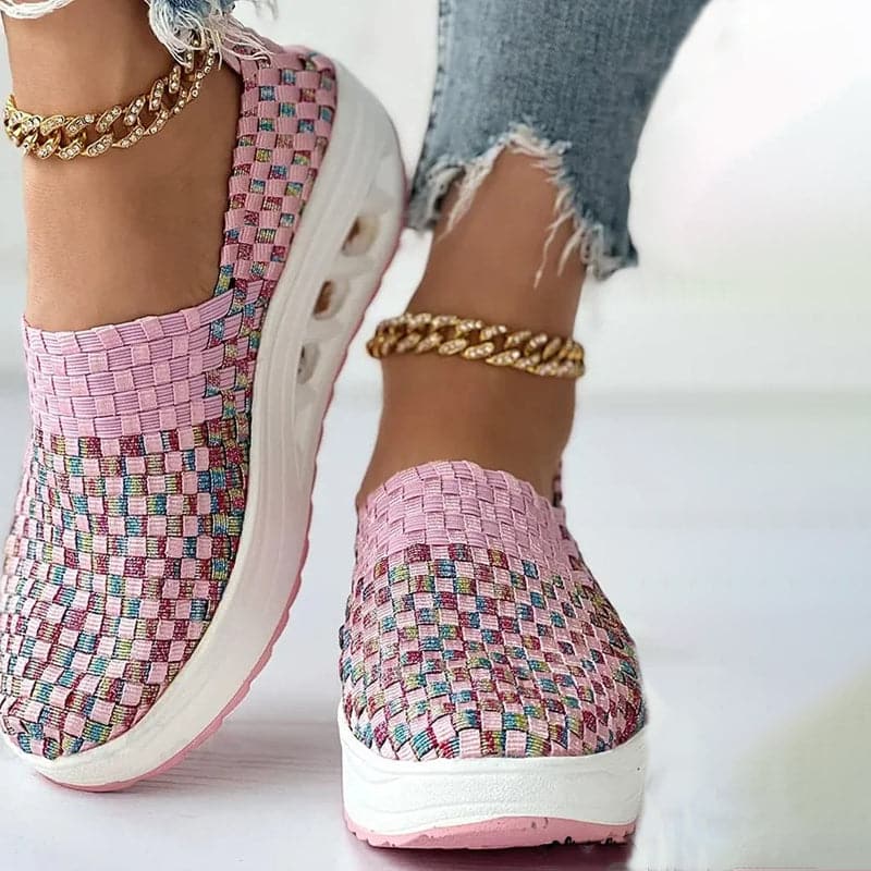 Thaïs | Baskets Orthopédiques Femme à Enfilage Facile avec Semelle Plateforme Inclinée et Tissu Tressé Multicolore