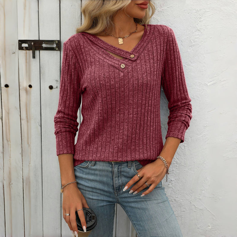 Eulalise | Pull élégant uni à col en V avec détails boutonnés pour femme