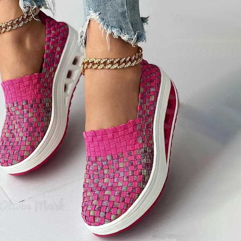 Thaïs | Baskets Orthopédiques Femme à Enfilage Facile avec Semelle Plateforme Inclinée et Tissu Tressé Multicolore
