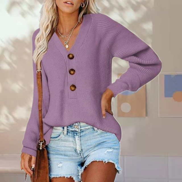 Euphrasie | Pull Femme Décontracté à Col V Boutonné en Maille Unie