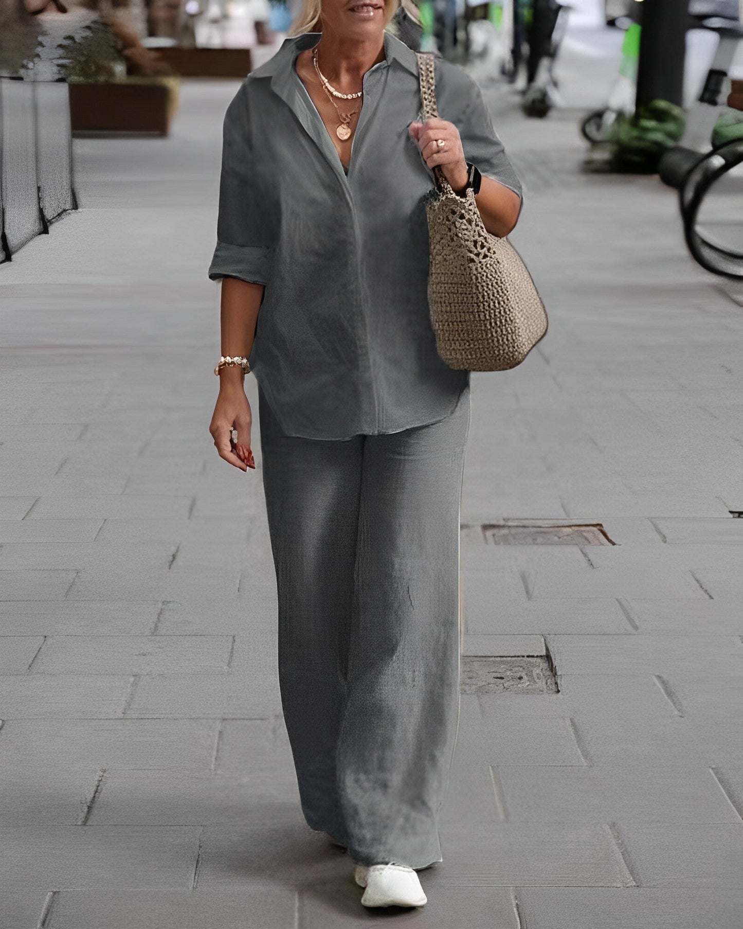 Alisette | Ensemble Femme Lin Été Blouse Manches Longues + Pantalon Taille Élastique