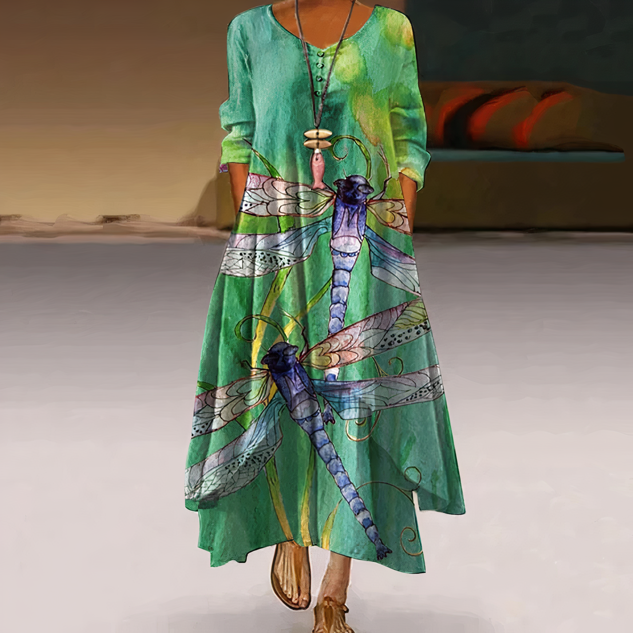 Saphirine | Robe Longue en Coton à Manches Longues – Imprimé Floral Élégant – Style Estival et Respirant