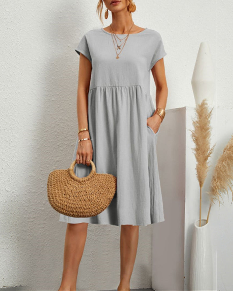 Raphaëlle | Robe Midi Femme Confortable Col Rond Poches Latérales Couleur Unie