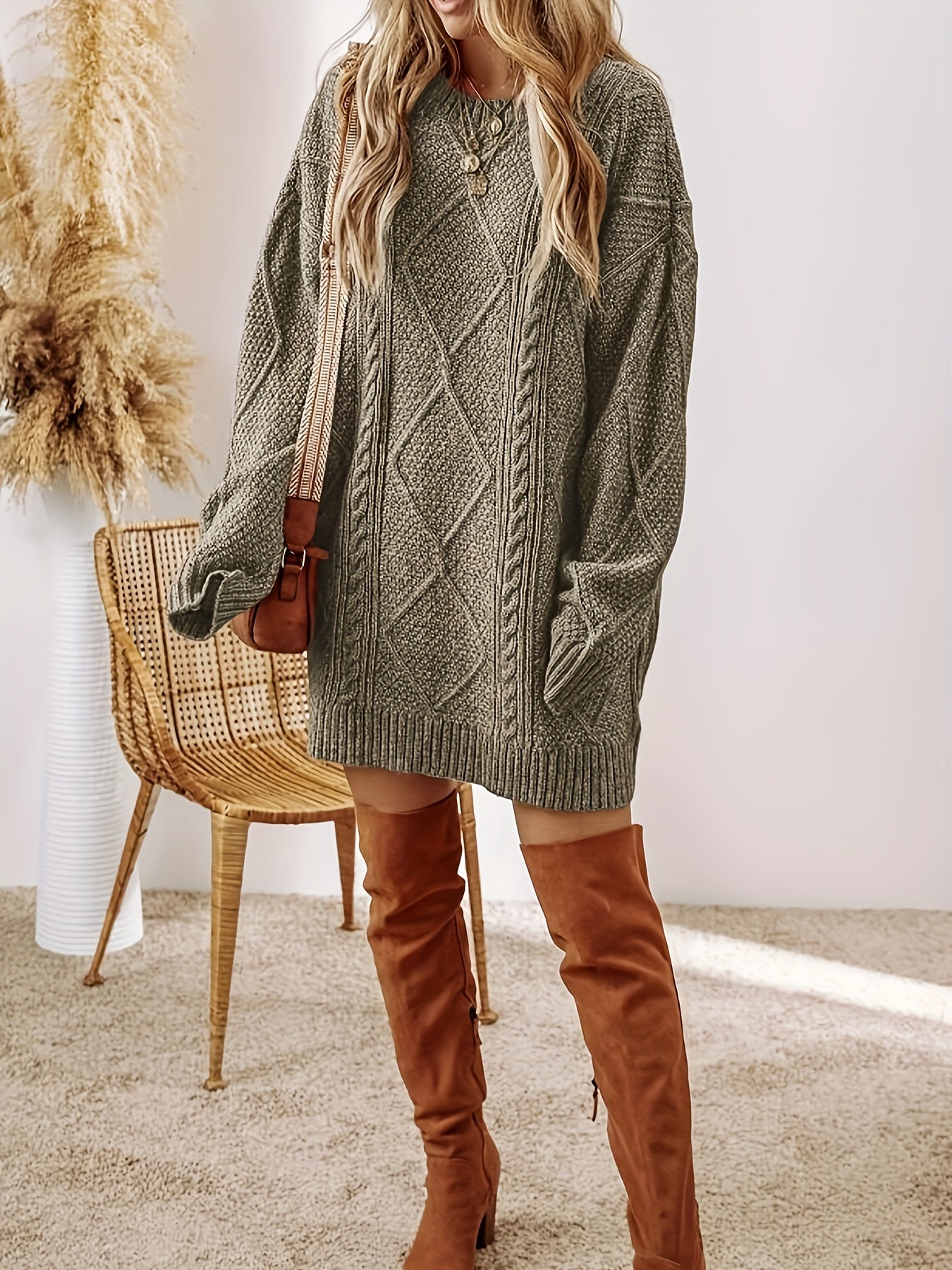 Amarylle | Robe Pull Femme Tricot à Motif Câble, Manches Longues Coupe Ample