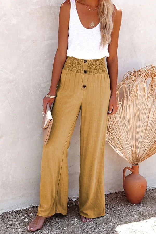 Marnie | Pantalon Femme Lin Été Taille Haute Élastique Coupe Large Élégante