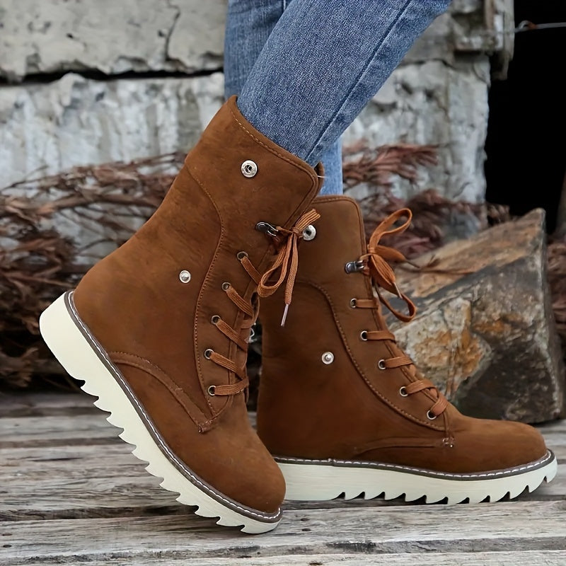 Vériane | Bottes d'hiver femme lacées, doublure en laine, mi-mollet, pliables, semelle antidérapante