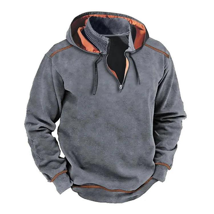 Horion | Sweat à Capuche Homme Relaxed Fit, Demi-Zip, Col Côtelé, Détails Contrastants