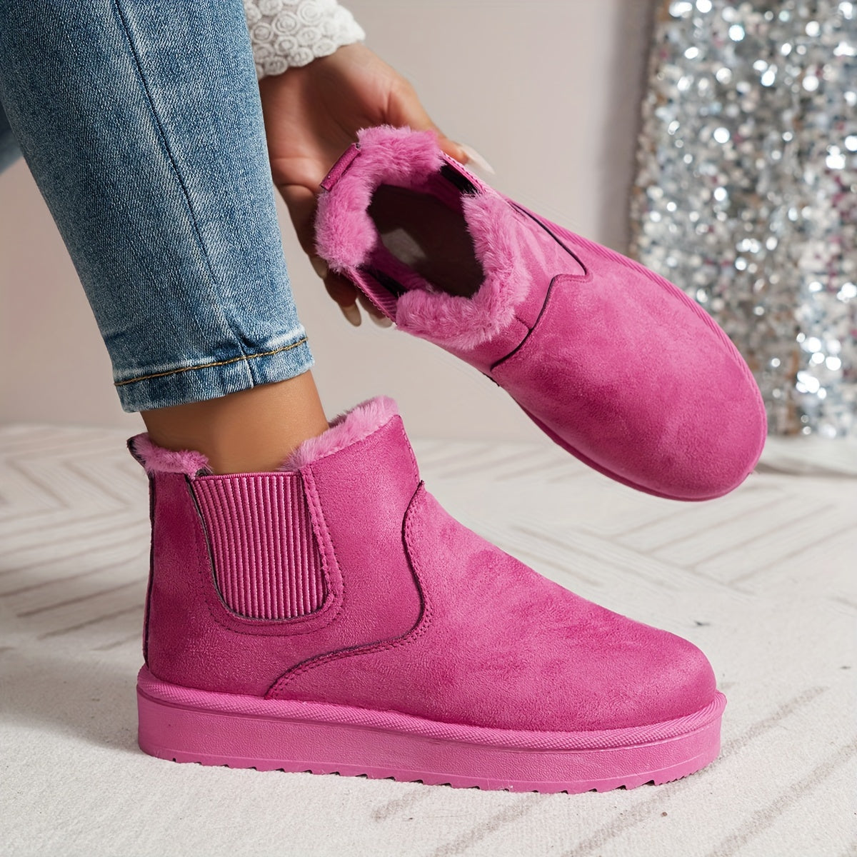 Audeline-Rose | Bottes Hiver Femme Slip-On avec Panneaux Élastiques & Doublure Chaude
