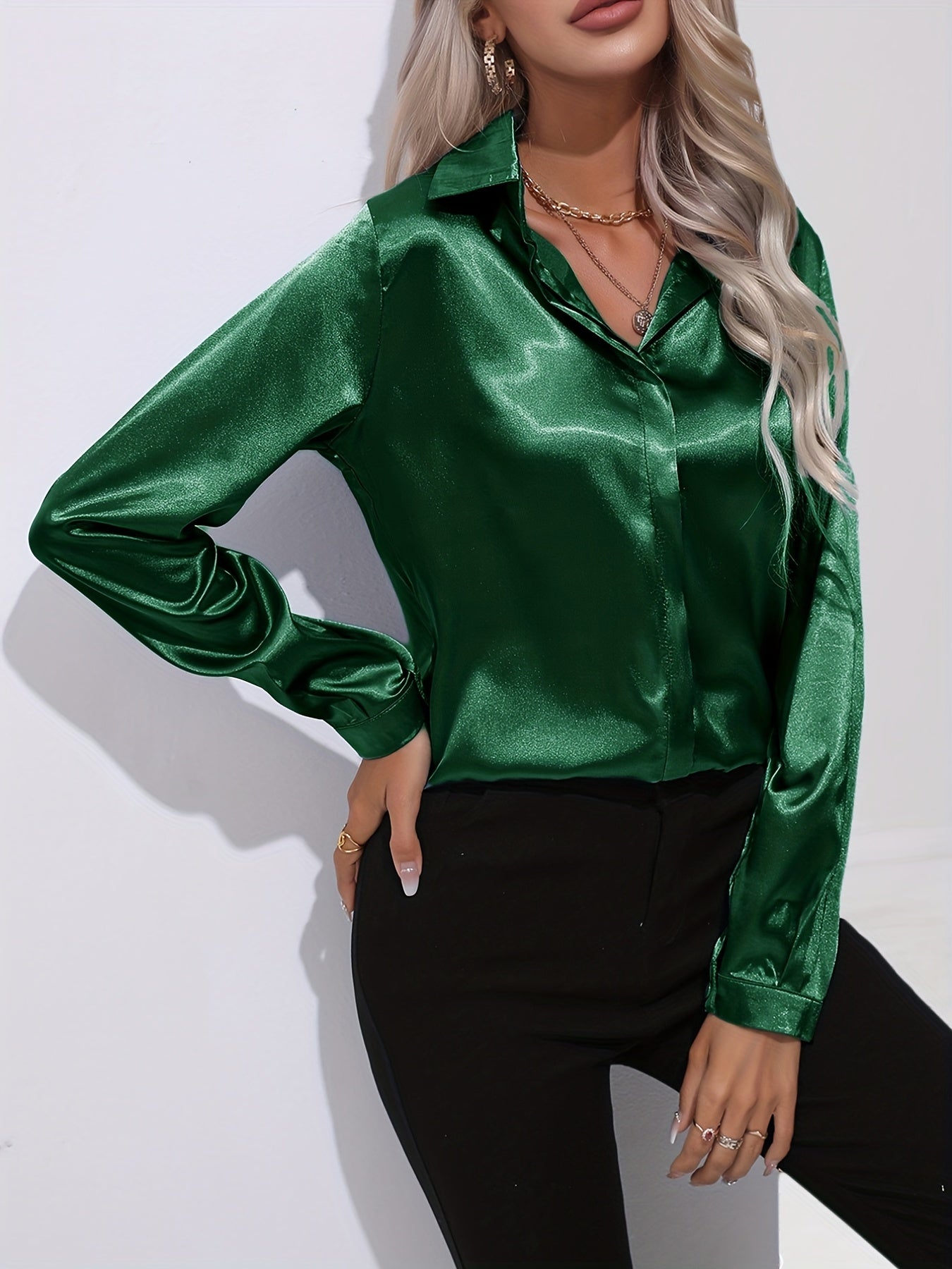 Ardeline | Blouse Satinée Femme Unie Col Revers Boutonnée Manches Longues