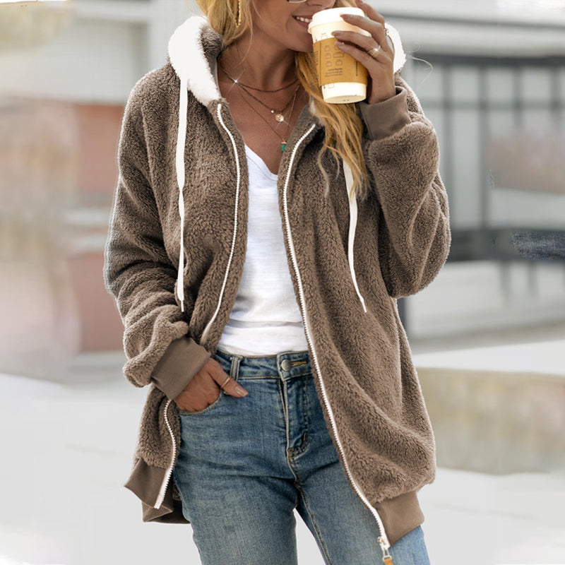 Edelise | Sweat à capuche femme en Teddy Douillet avec zip et cordon