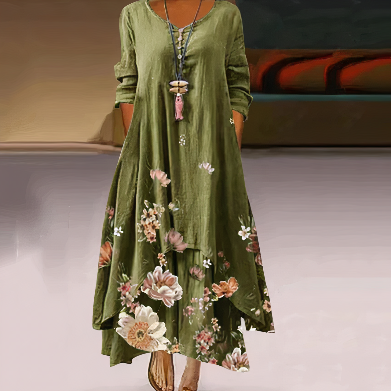 Saphirine | Robe Longue en Coton à Manches Longues – Imprimé Floral Élégant – Style Estival et Respirant