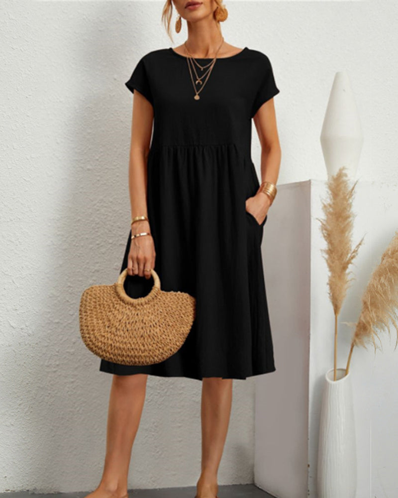 Raphaëlle | Robe Midi Femme Confortable Col Rond Poches Latérales Couleur Unie