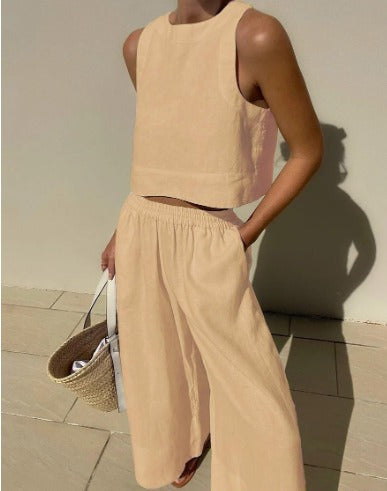 Lysandra | Ensemble d'Été en Lin – Haut Court Sans Manches & Pantalon Large