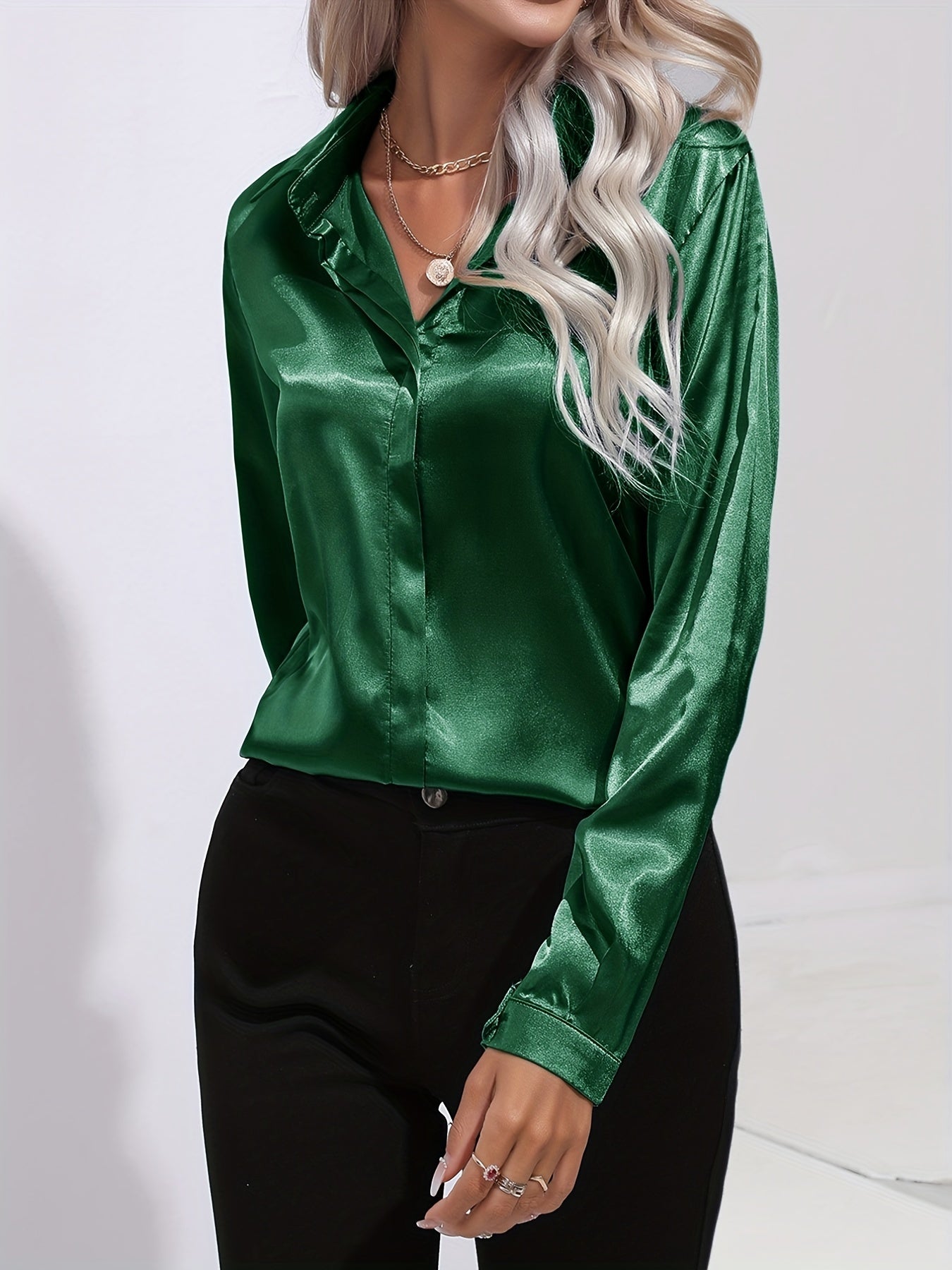 Ardeline | Blouse Satinée Femme Unie Col Revers Boutonnée Manches Longues