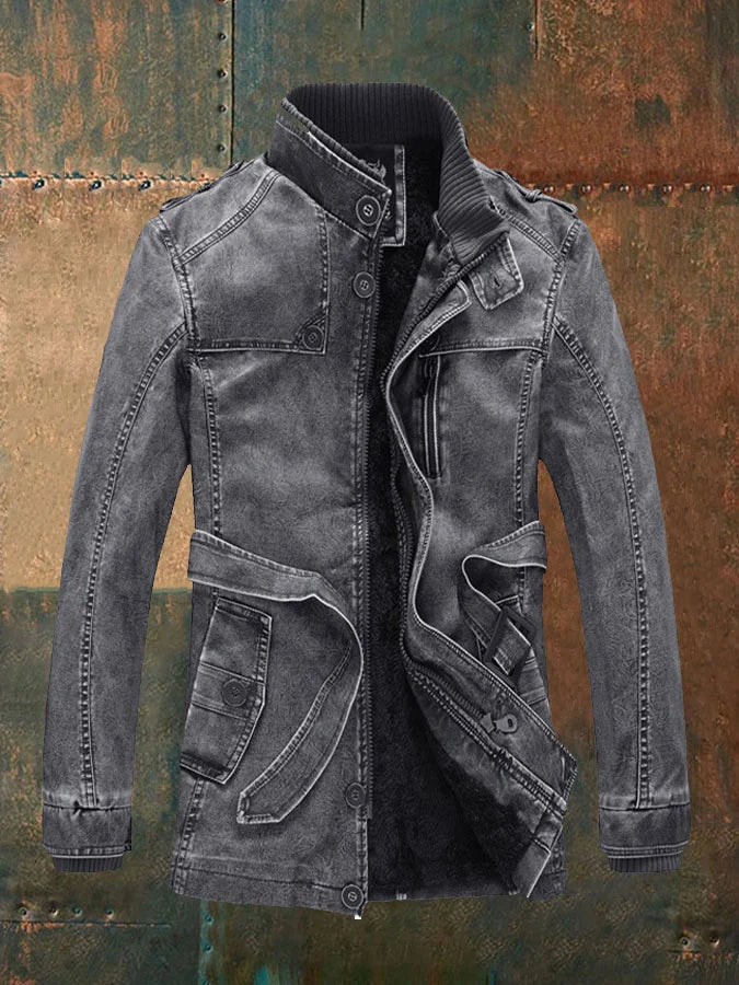 Lucas | Veste Homme Vintage en Cuir avec Ceinture, Doublure Chaude et Boutons Classiques