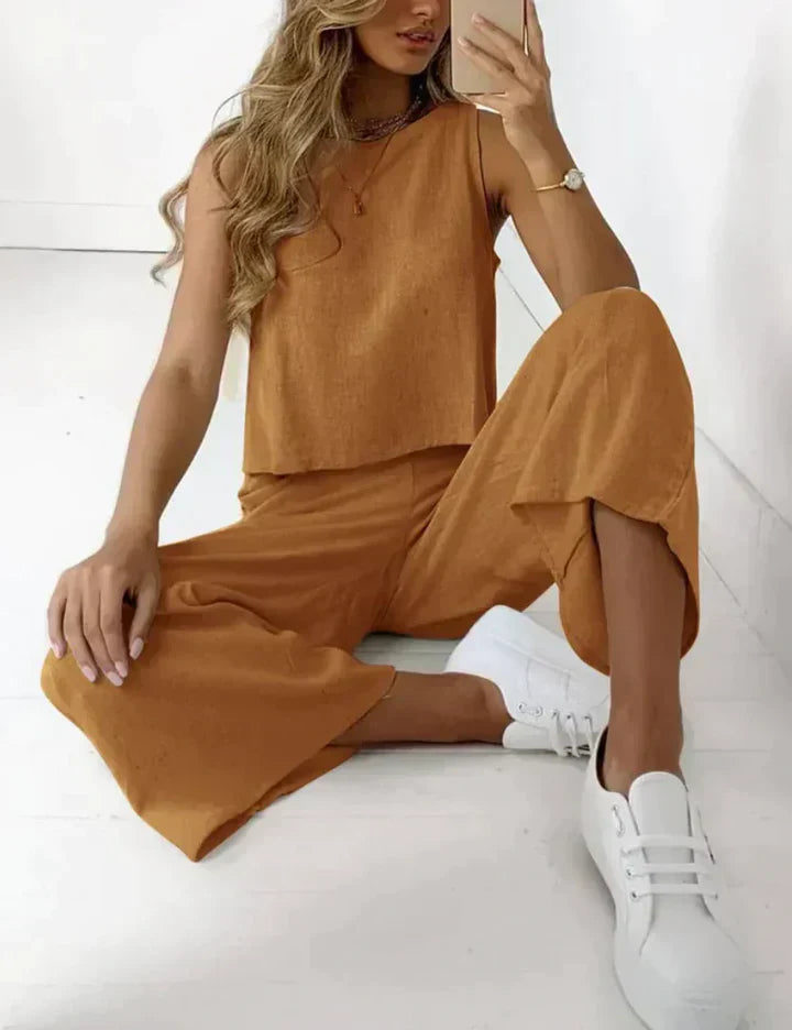 Oriane | Ensemble Lin Femme Confortable – Débardeur Sans Manches & Pantalon Large Fluide
