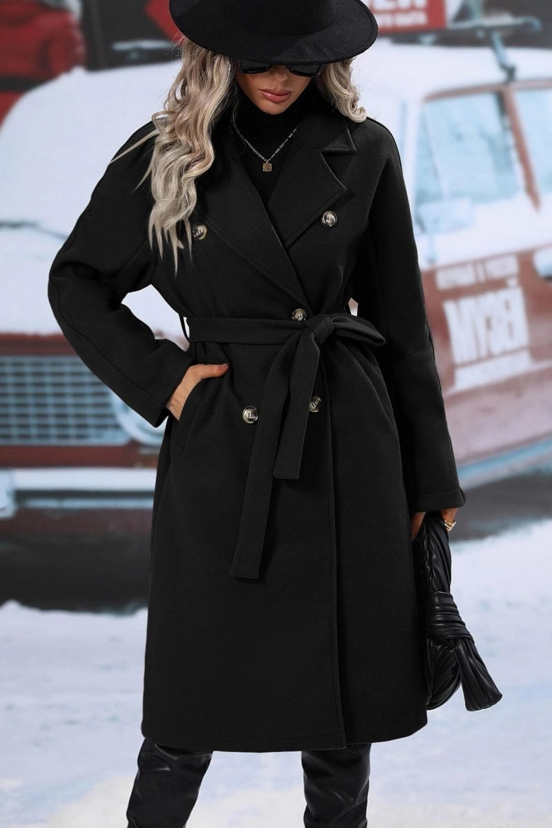 Henriette | Manteau Long Femme Laine Mélangée, Coupe Relax, Double Boutonnage & Ceinture Élégante