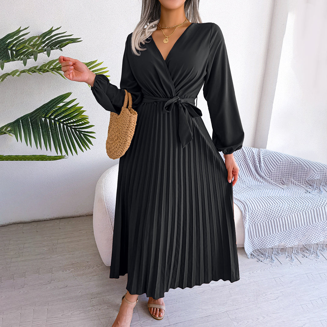 Annette | Robe longue plissée élégante avec ceinture à nouer et manches bouffantes