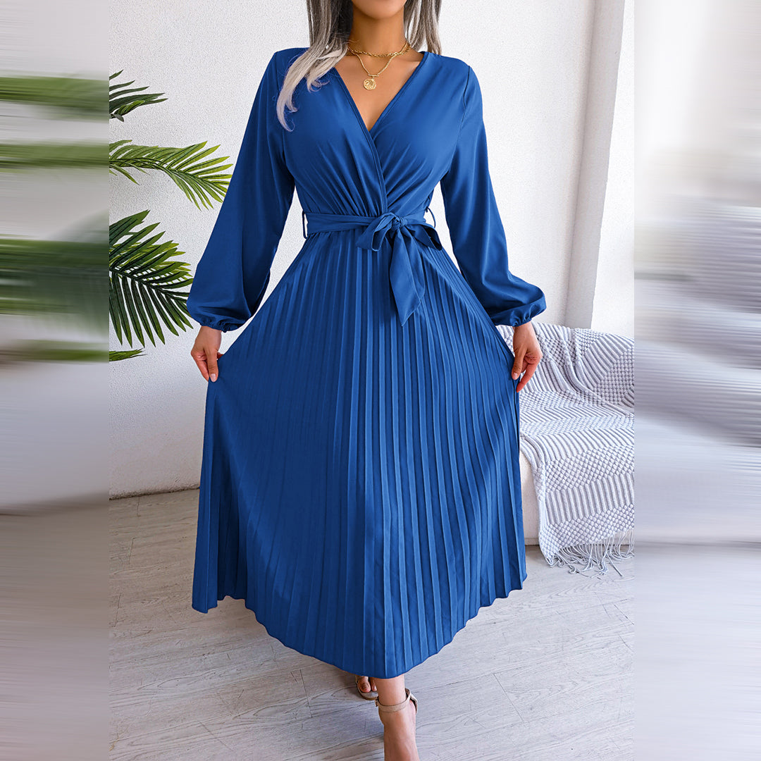 Annette | Robe longue plissée élégante avec ceinture à nouer et manches bouffantes