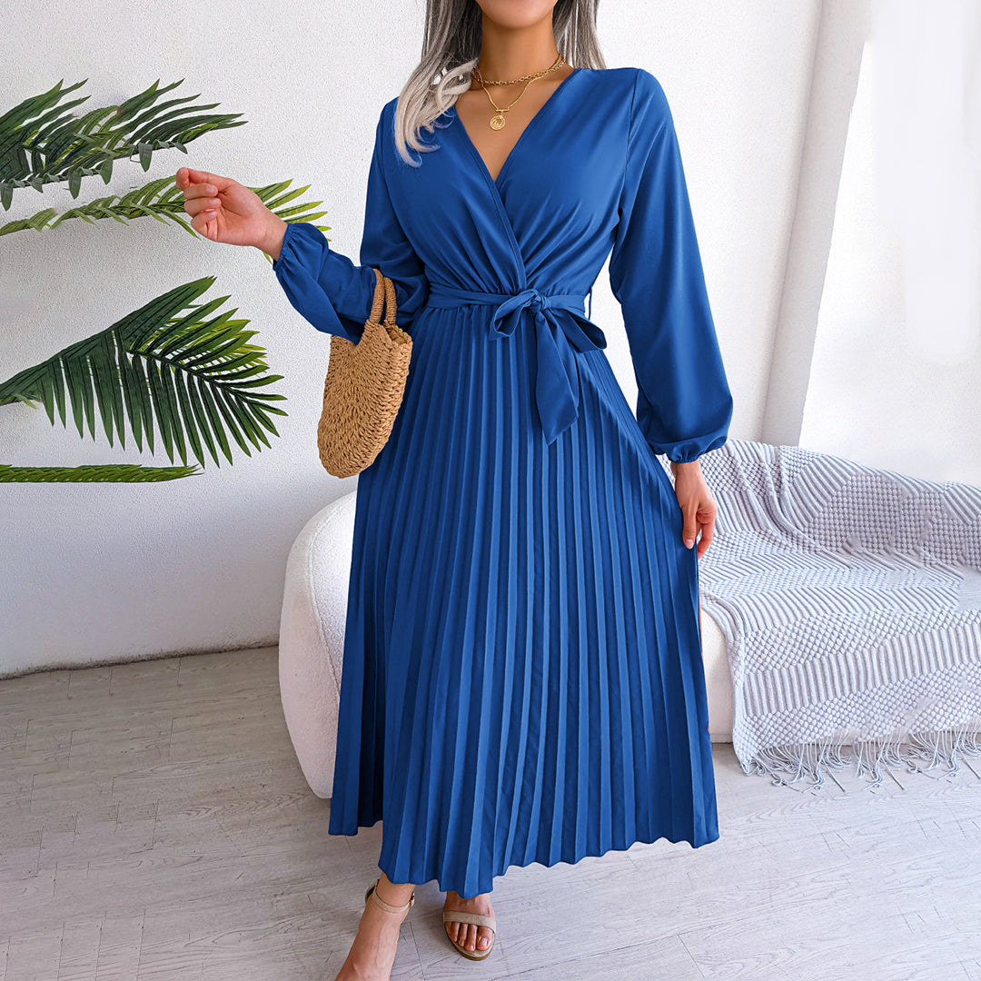 Annette | Robe longue plissée élégante avec ceinture à nouer et manches bouffantes