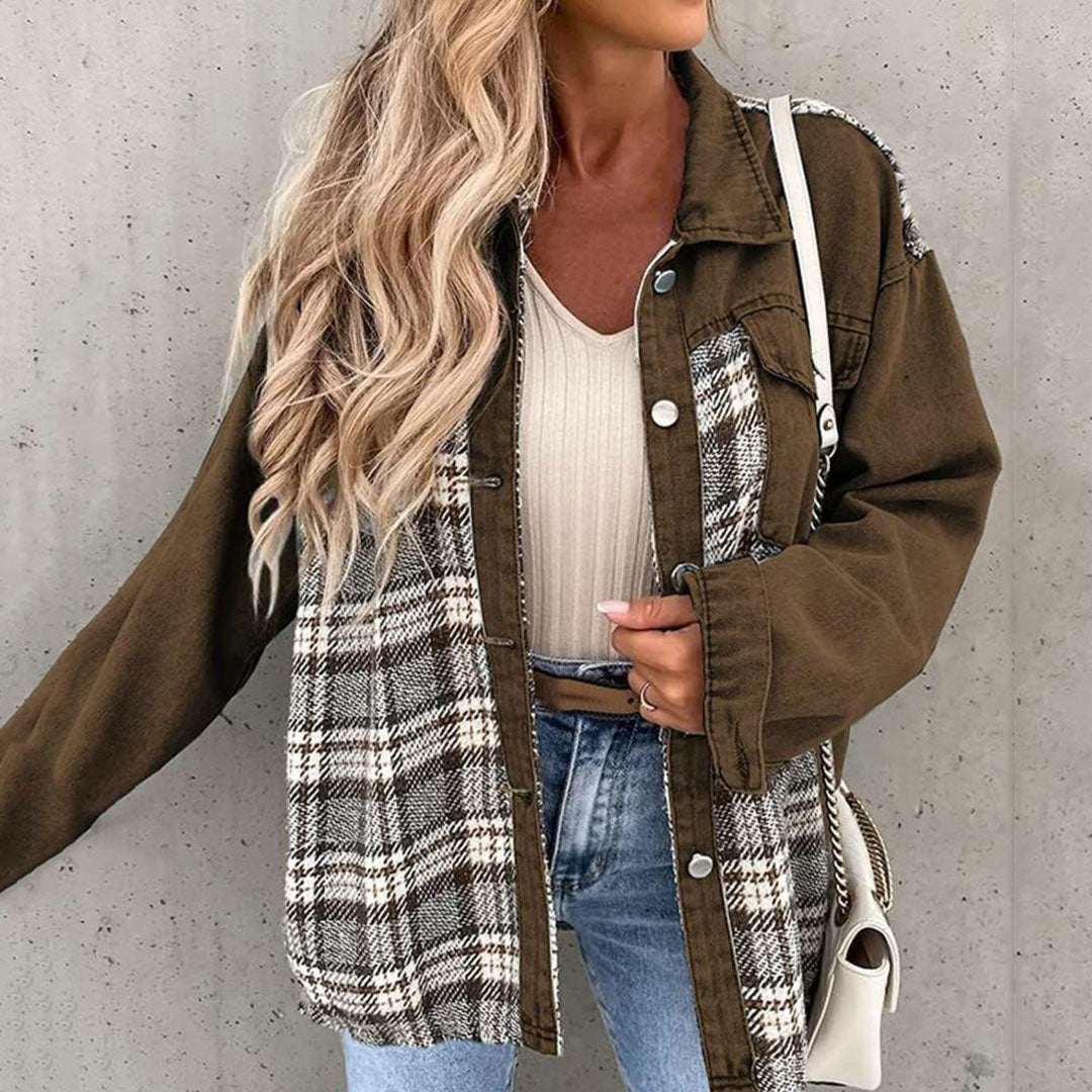 Audrey | Veste Plaid Femme à Col Classique et Boutons | Style Décontracté Chic