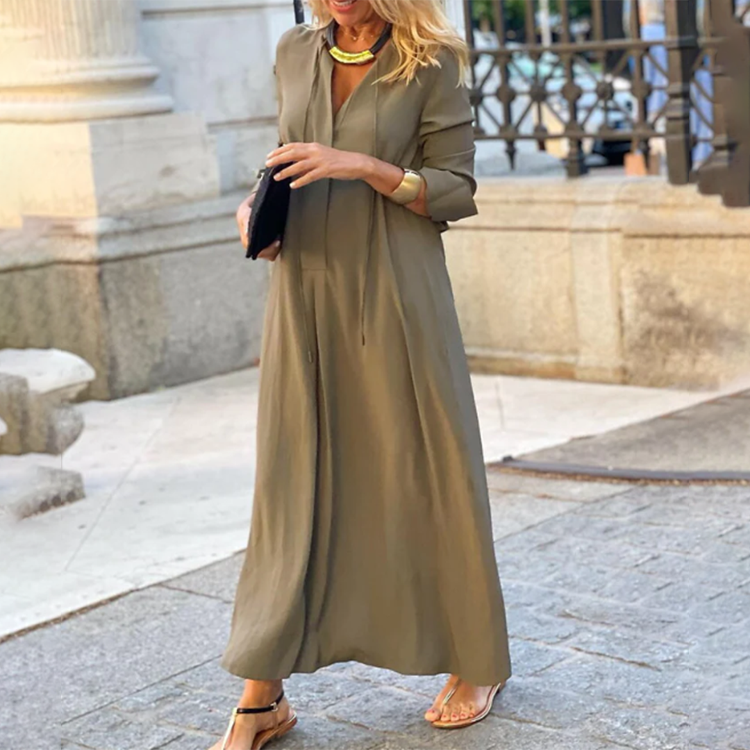 Bénéva | Robe Longue Femme Col V à Manches Longues Coupe Ample et Confort Estival