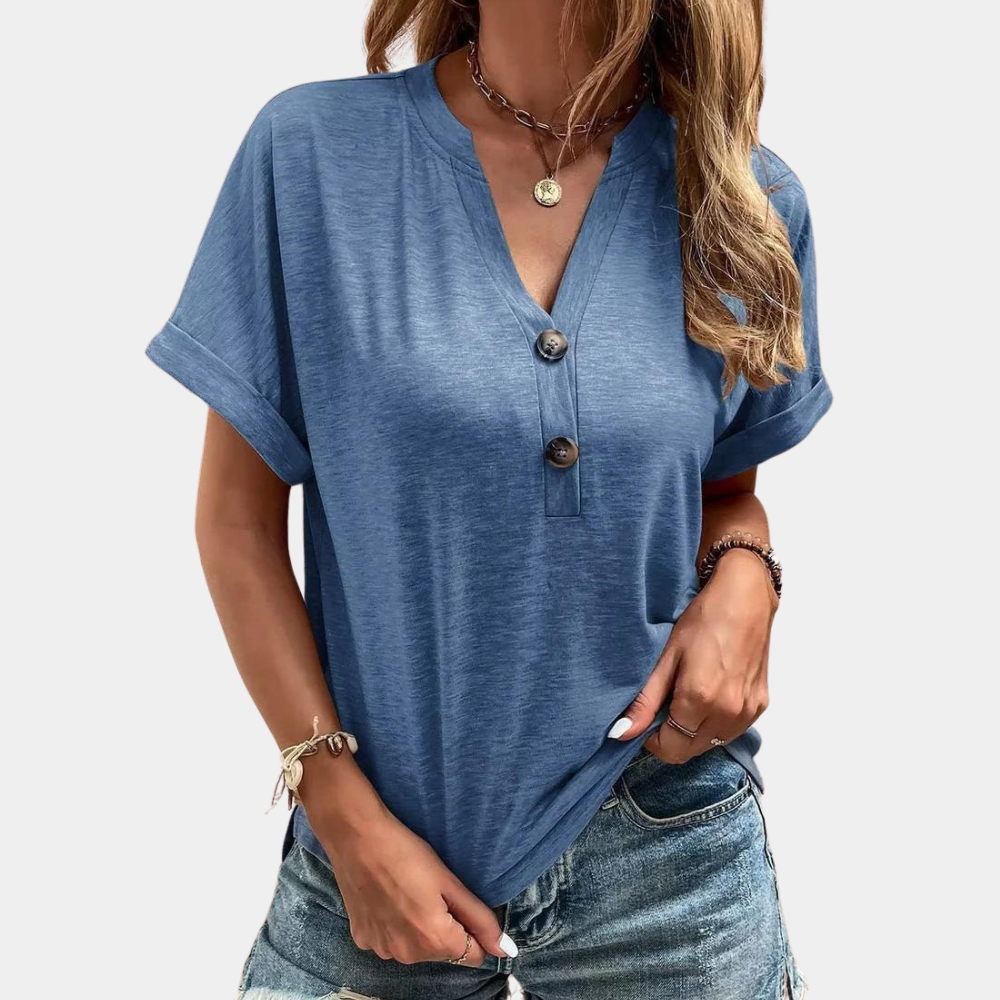 Tiphaine | Chemise Femme – Col V Boutonnée Manches Courtes Revers Unies Confortables