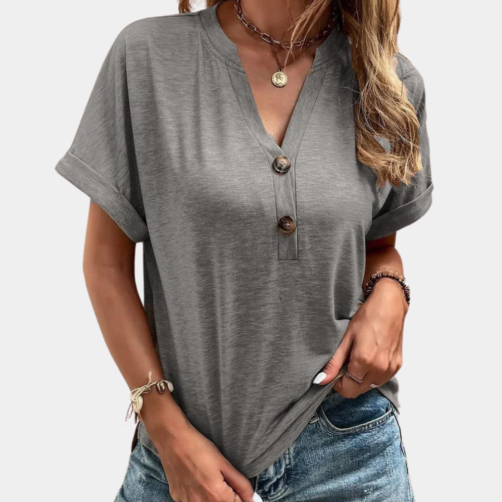 Tiphaine | Chemise Femme – Col V Boutonnée Manches Courtes Revers Unies Confortables