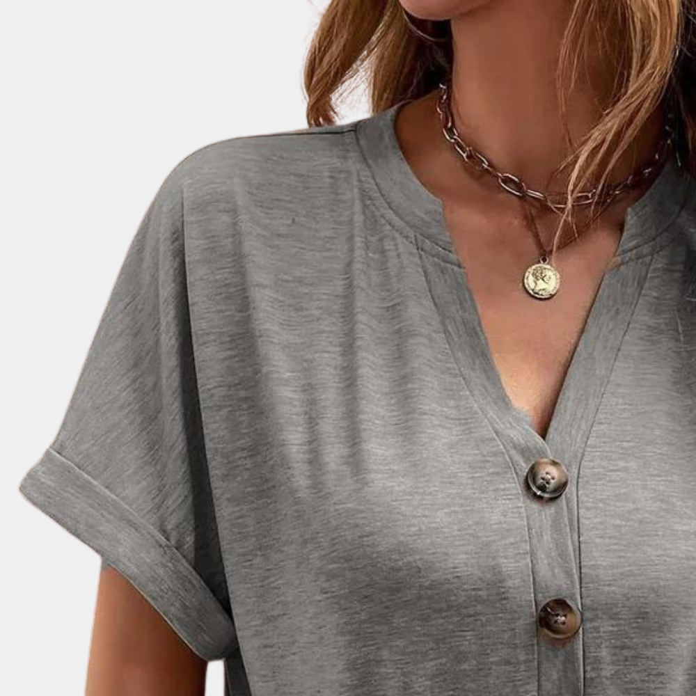 Tiphaine | Chemise Femme – Col V Boutonnée Manches Courtes Revers Unies Confortables
