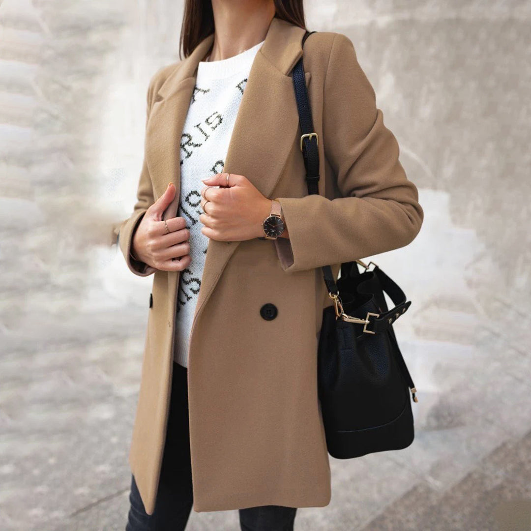 Basilea | Manteau Long Femme Double Boutonnage à Col Classique Élégant
