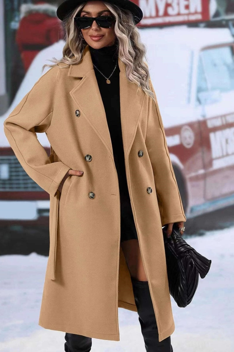 Henriette | Manteau Long Femme Laine Mélangée, Coupe Relax, Double Boutonnage & Ceinture Élégante