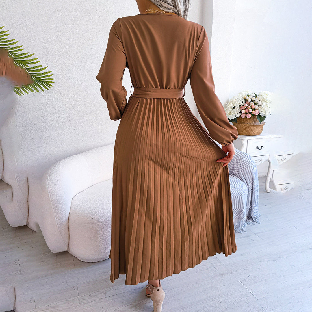 Annette | Robe longue plissée élégante avec ceinture à nouer et manches bouffantes