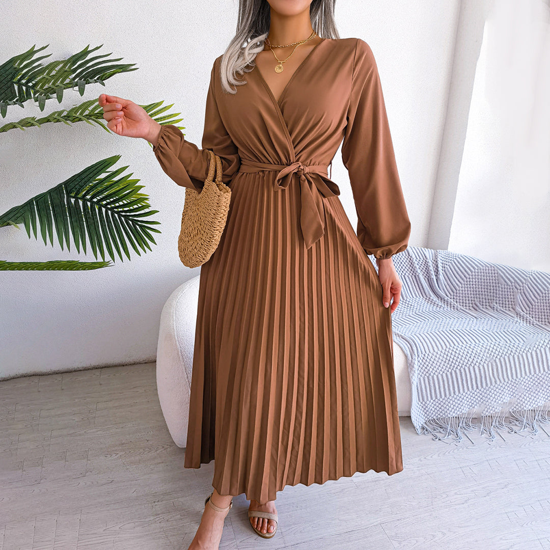 Annette | Robe longue plissée élégante avec ceinture à nouer et manches bouffantes